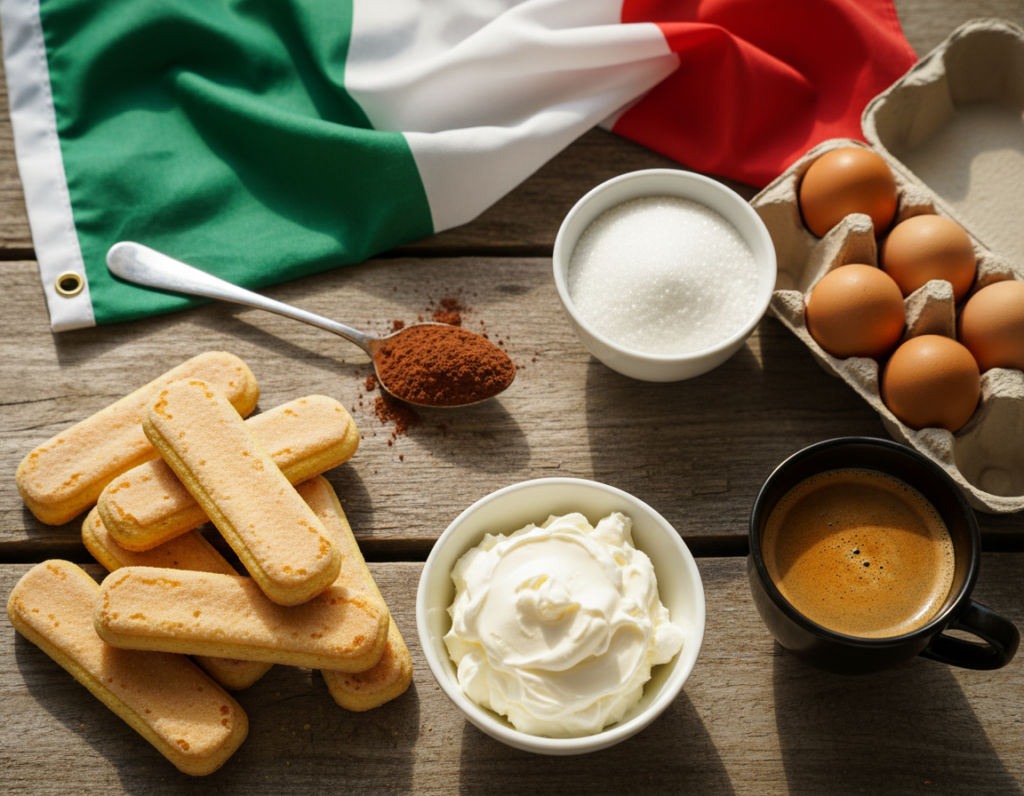 A beautifully arranged flat lay of essential tiramisu ingredients on a rustic wooden table. In the foreground, display delicate ladyfinger cookies, a small bowl of smooth mascarpone cheese, and a cup of rich espresso. In the middle ground, add a dusting of cocoa powder in an elegant spoon, a bowl of sugar, and a few fresh eggs nestled in their carton. In the background, hint at an Italian flag draped lightly, adding context and authenticity. Use soft, warm natural lighting to create a cozy atmosphere, highlighting the textures of the ingredients. The camera should be positioned directly above the scene to capture the overall composition, emphasizing the inviting and indulgent nature of classic tiramisu.