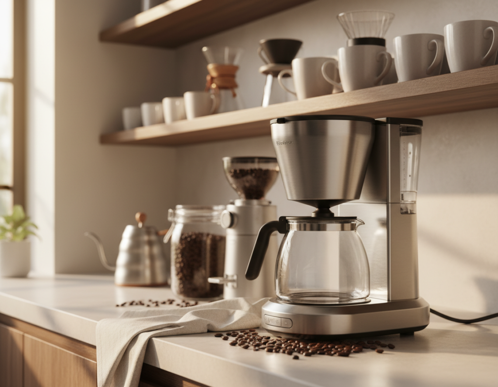 A clean and modern coffee maker placed on a tranquil kitchen countertop, surrounded by coffee beans and a cloth for cleaning. The foreground features the coffee maker with a focus on its sleek design, showcasing shiny stainless steel and glass components. In the middle ground, a blurred coffee grinder and jar of coffee beans create depth. The background includes soft-focus kitchen shelves with neatly arranged coffee mugs and brewing tools, lit by warm morning sunlight filtering through a nearby window. The atmosphere is fresh and inviting, emphasizing the importance of maintaining equipment for a quality coffee experience. Capture this scene from a slightly angled perspective, highlighting the intricate details of the coffee maker while maintaining a clean, organized kitchen aesthetic.