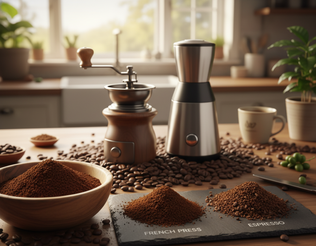 A close-up view of freshly ground coffee beans in various textures highlighting the ideal grind sizes for pressure and infusion methods, such as espresso and French press. In the foreground, focus on a wooden bowl filled with finely ground espresso coffee, with a silky texture, alongside a coarser grind suitable for French press. In the middle, display two distinct grinders—one manual and one electric, both elegantly designed—surrounded by whole coffee beans. The background features a softly blurred kitchen countertop with warm, natural lighting filtering through a window, creating a cozy and inviting atmosphere ideal for coffee enthusiasts. Capture the essence of precision and artistry in coffee preparation.