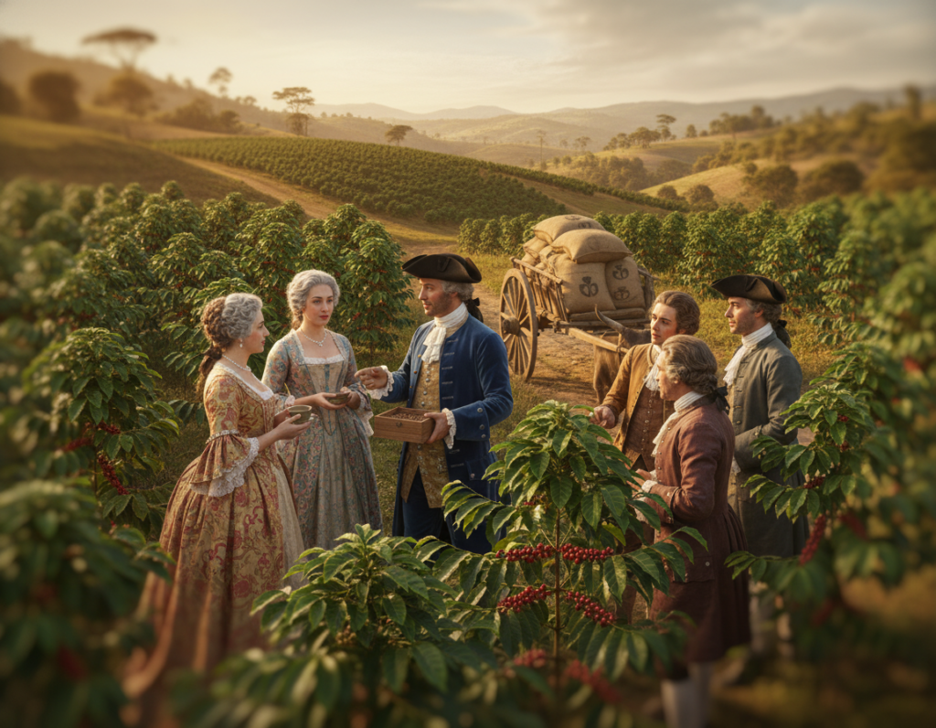 A lush Brazilian landscape during the early 18th century, capturing the moment coffee arrived in Brazil. In the foreground, a group of elegantly dressed 18th-century characters, including Francisco de Melo Palhete, are engaged in conversation, surrounded by coffee plants with vibrant green leaves and ripe red cherries. In the middle, a cart loaded with coffee sacks can be seen, hinting at trade routes. The background reveals rolling hills and expansive plantations basking in warm, golden sunlight, enhancing a sense of discovery and prosperity. The scene should have a soft focus on the edges to evoke nostalgia, creating an inviting and historically rich atmosphere, reminiscent of a time when coffee began to shape Brazil's culture.