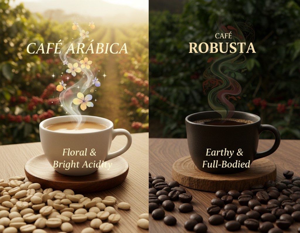 A split-image composition showcasing a sensory profile of Café Arábica and Robusta. In the foreground, vibrant coffee beans of both types; Arábica beans are lighter and smoother, while Robusta beans are darker and denser. In the middle ground, a polished wooden table displaying two steaming cups of coffee, each cup artistically highlighting the distinct aroma and flavor notes: Arábica with floral hints and vibrant acidity, Robusta with earthy undertones and a stronger body. In the background, a soft-focus coffee plantation under warm afternoon sunlight, hinting at the origin of the beans. The mood is warm and inviting, conveying a sense of exploration and sophistication in coffee tasting, with soft shadows and natural light enhancing the textures of the coffee.