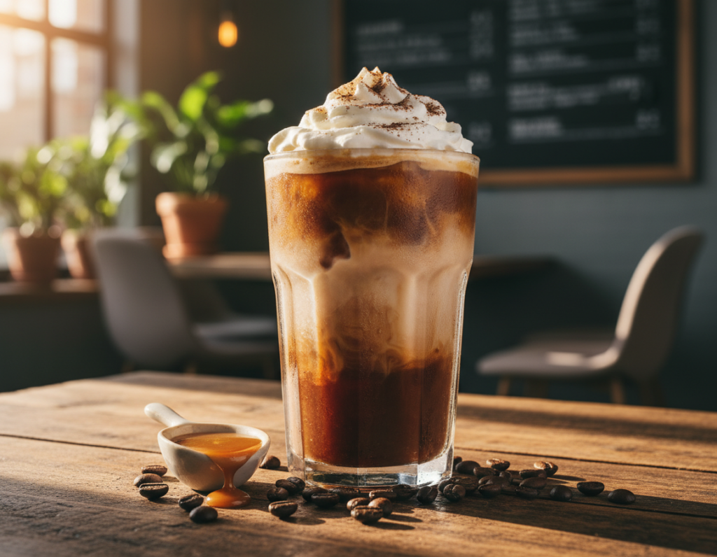 A vibrant, inviting scene showcasing an iced coffee in a charming café setting. In the foreground, a clear glass filled with creamy, frothy iced coffee, topped with a swirl of plant-based whipped cream and sprinkled with cocoa. Surrounding the glass, fresh coffee beans and a scoop of vegan caramel syrup. In the middle, a rustic wooden table with a cozy atmosphere, soft natural light streaming in from a nearby window, highlighting the coffee’s rich color and texture. In the background, blurred elements of the café, such as potted plants and a chalkboard menu, evoke a warm, inviting environment. The overall mood is relaxed and inviting, perfect for conveying the joy of enjoying a vegan iced coffee.