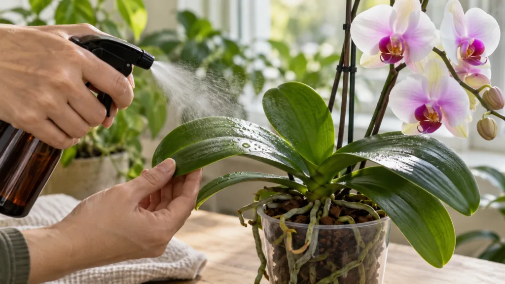 Pulverização suave em folhas de orquídea saudável