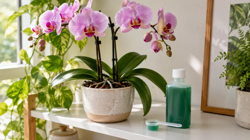 Orquídea saudável em floração com adubo líquido ao lado