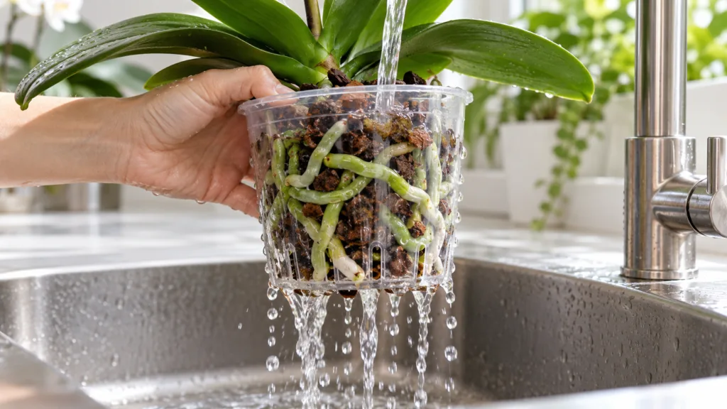 Orquídea em vaso transparente sendo enxaguada e drenando