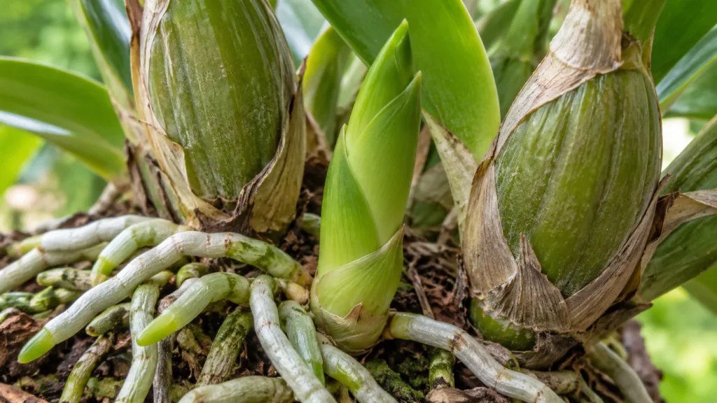 Novo broto de Cattleya entre pseudobulbos e raízes saudáveis