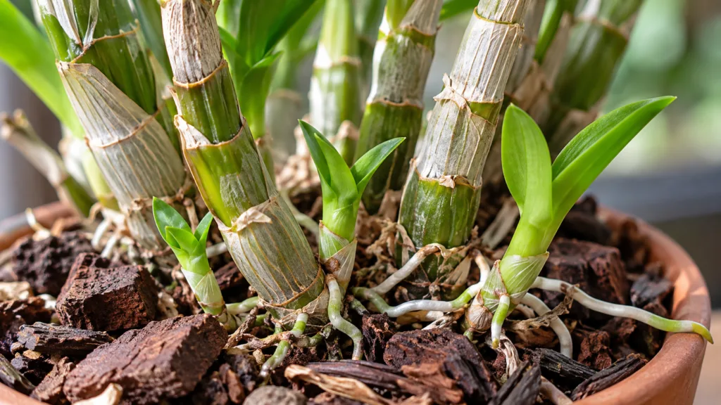 Novos brotos de Dendrobium junto a canas adultas