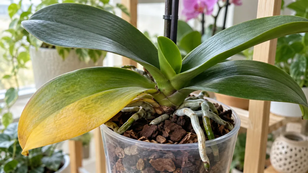 Folha antiga amarelada abaixo de folhas saudáveis de orquídea