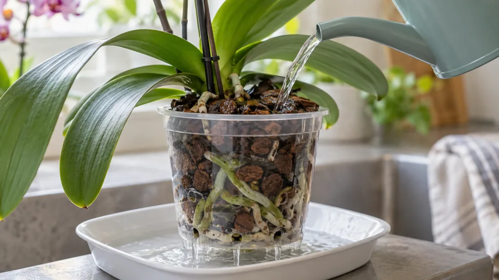 Água passando pelo substrato de uma orquídea em vaso transparente
