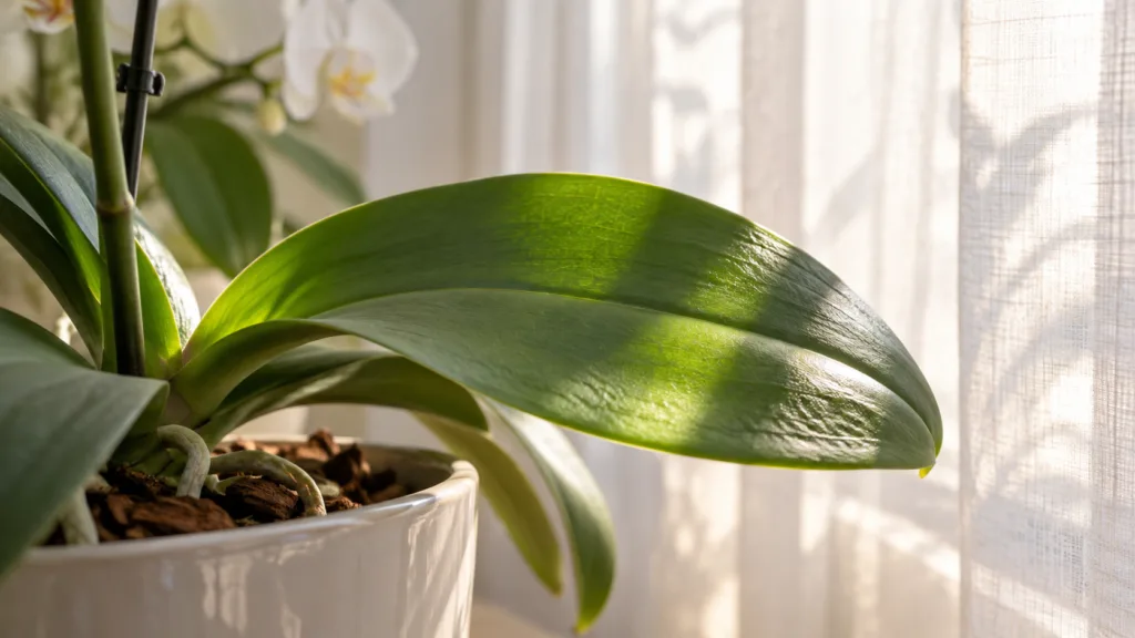 Folha de orquídea em luz filtrada por cortina