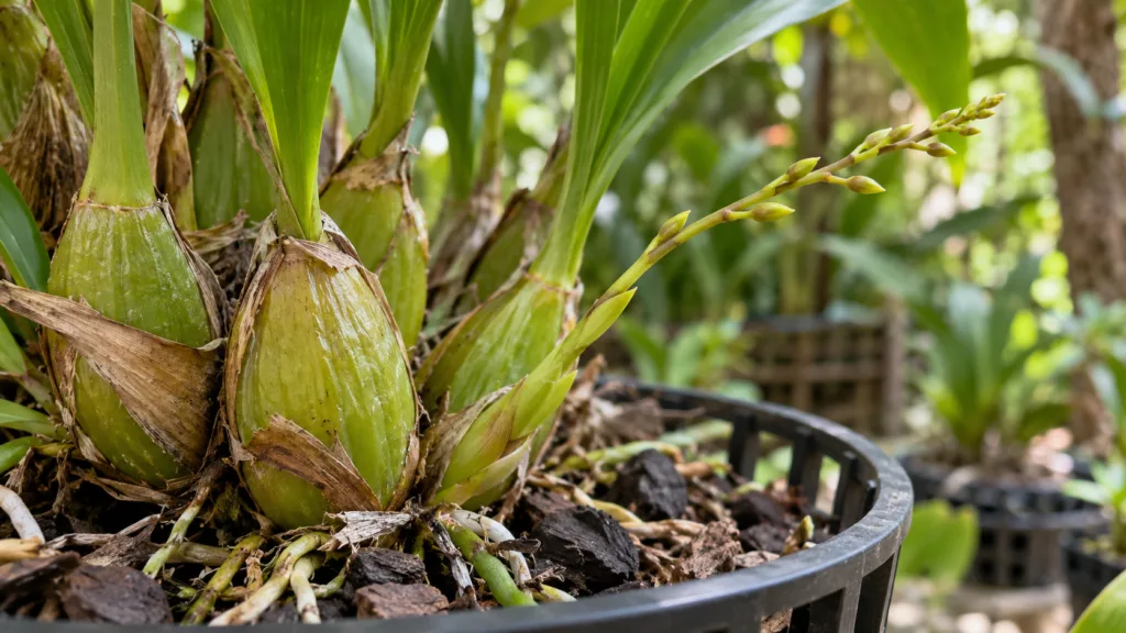 Oncidium com pseudobulbos e haste floral em formação