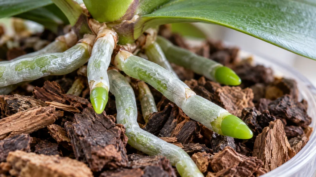 Raízes de orquídea com pontas verdes em substrato novo
