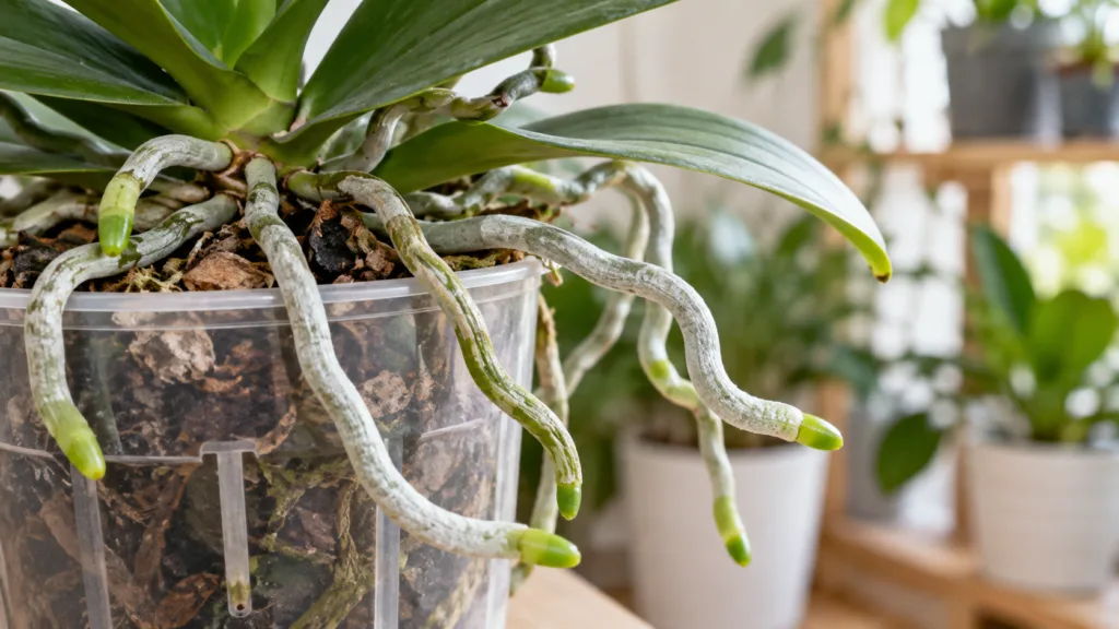 Raízes aéreas vivas com pontas verdes em orquídea