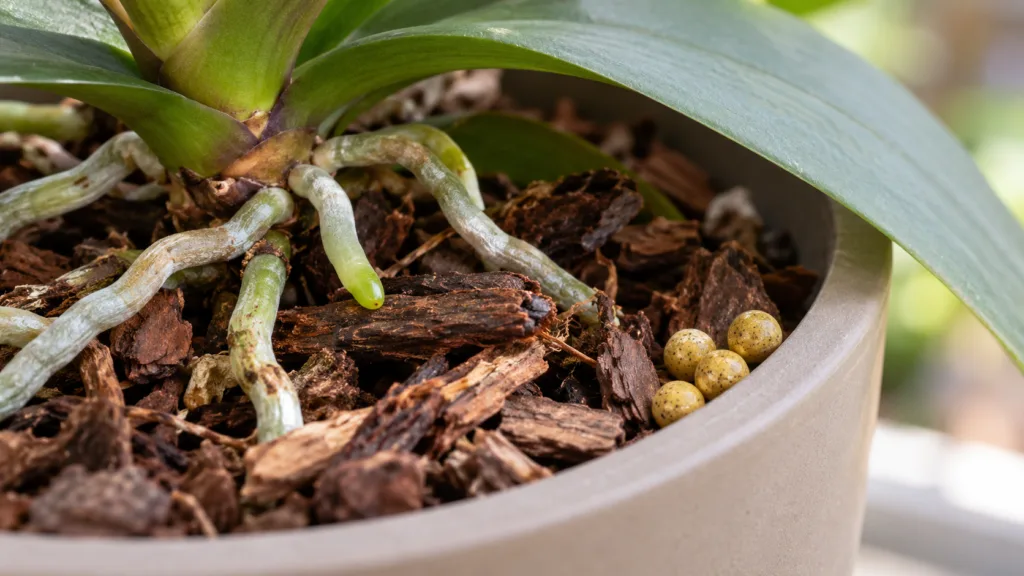 Grânulos de adubo colocados no canto do vaso de orquídea
